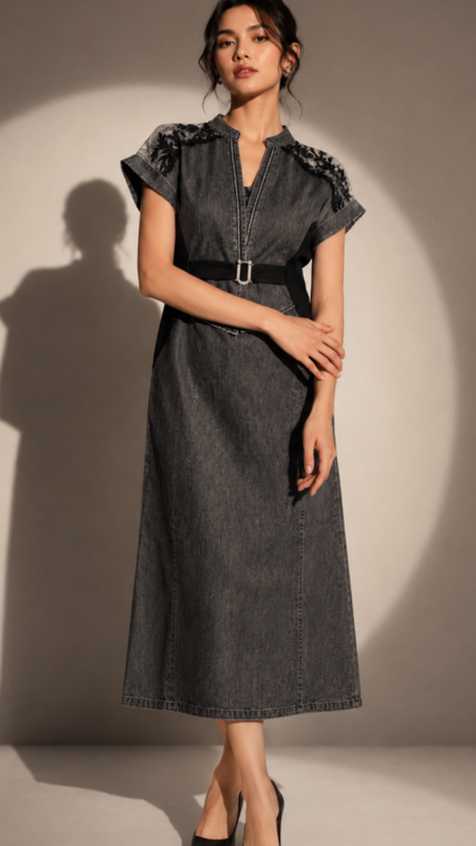 Lace Designed Front Slit Denim Midi Dress FC2607