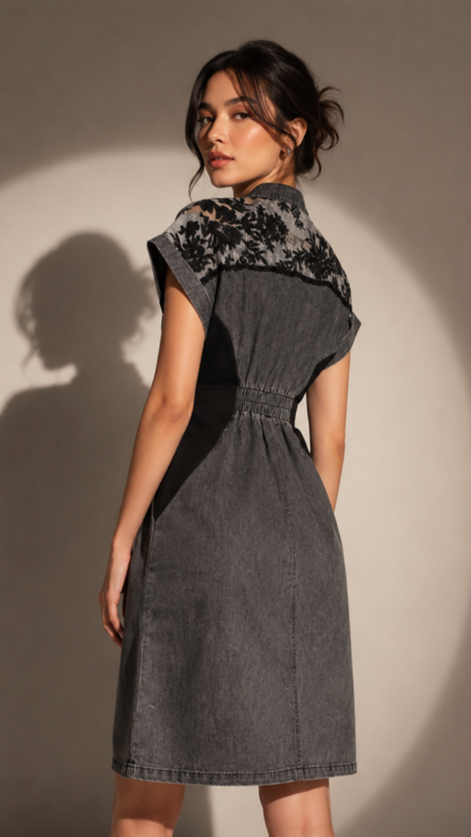 Lace Designed Front Slit Denim Midi Dress FC2607