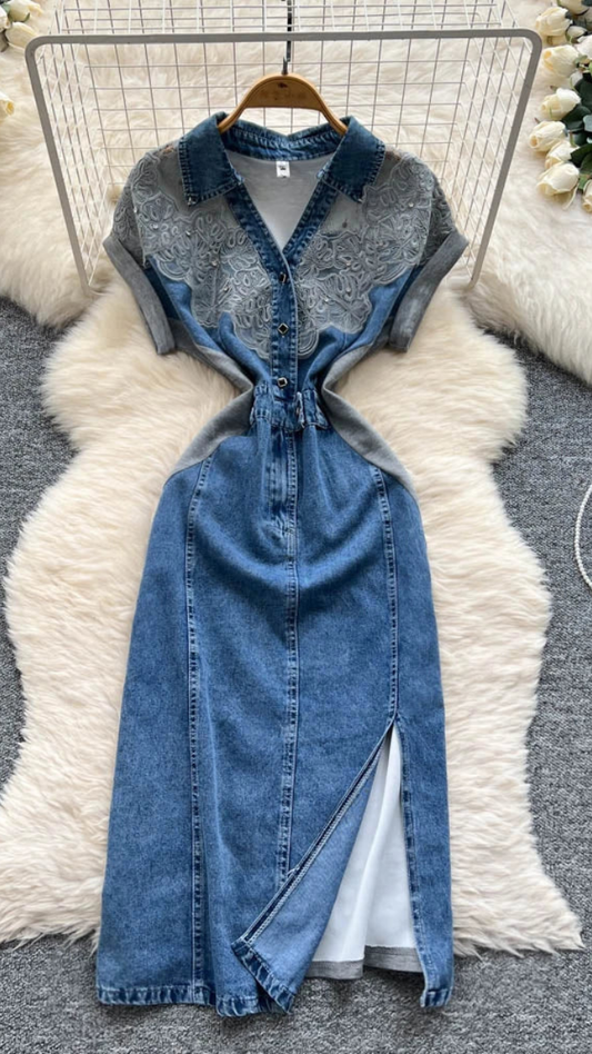 Lace Designed Shoulder Denim Midi Dress FC2606