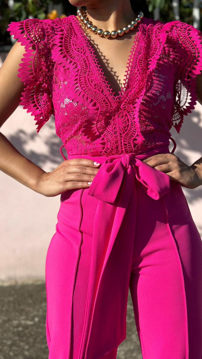 Lace Designed Upper With Broad Belt Jumpsuit FC2476