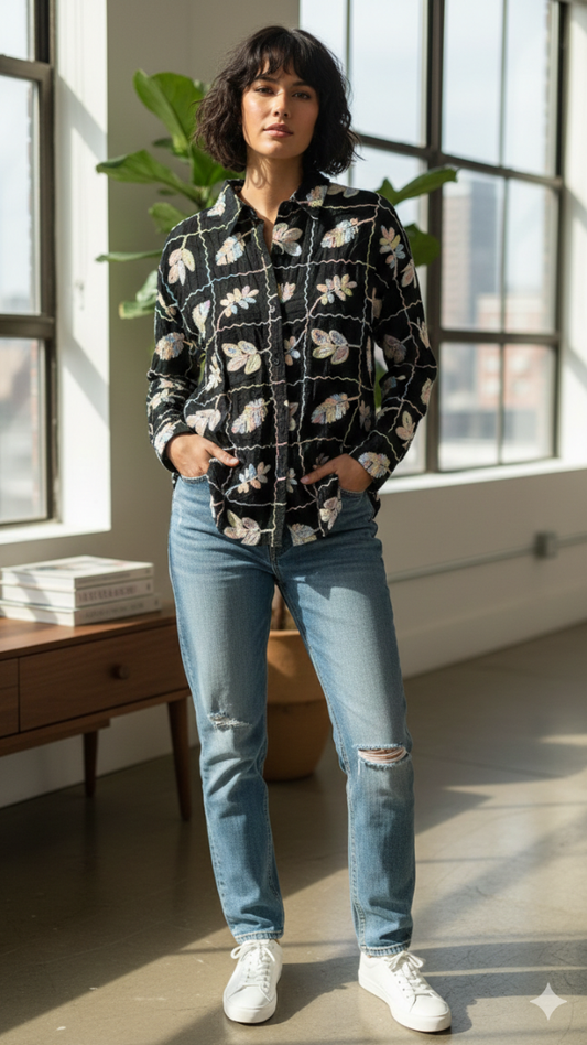 Leaf Embroidery With Checked Shirt FC2155