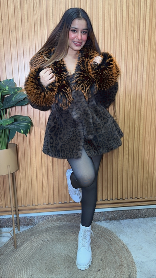 Leopard Print Contras Furr Collar Coat FC2076
