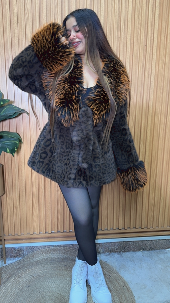 Leopard Print Contras Furr Collar Coat FC2076