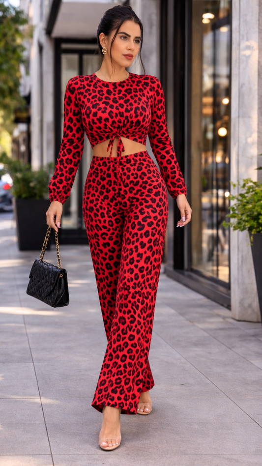 Leopard Print Crop Top And Loose Pant Coord Set FC2239