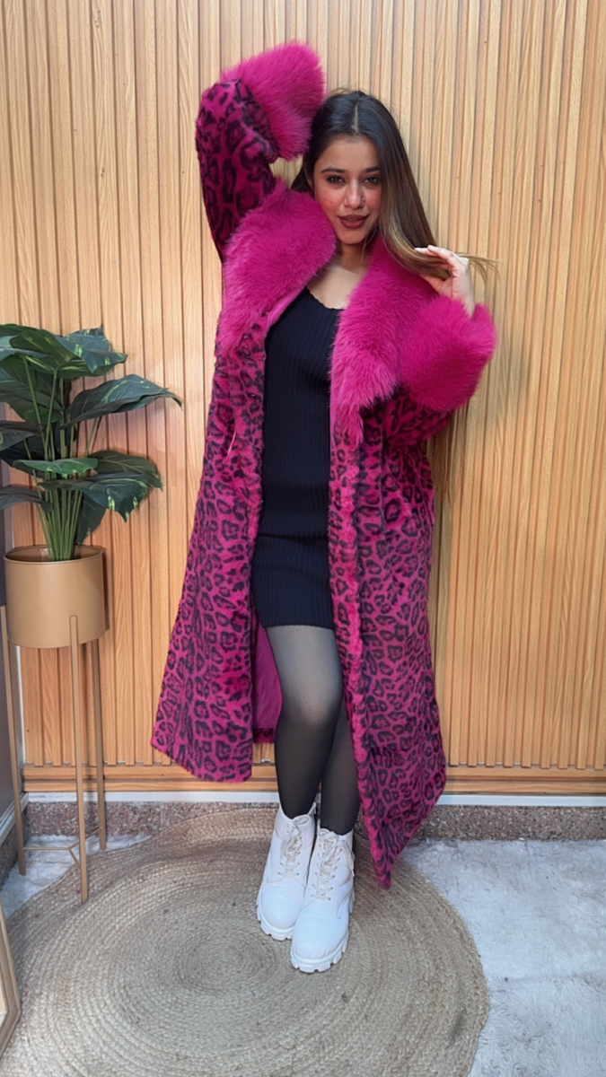Leopard Print Furr Collar Long Coat FC2084