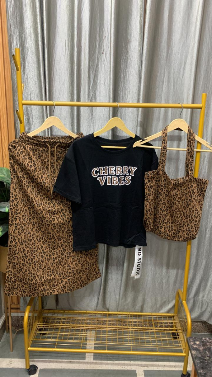 Leopard Print Inner And Skirt With Loose Plain Top 3Pc Set FC2579