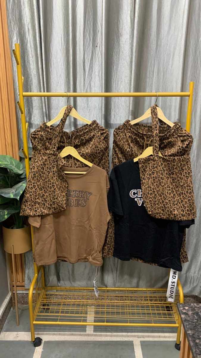 Leopard Print Inner And Skirt With Loose Plain Top 3Pc Set FC2579