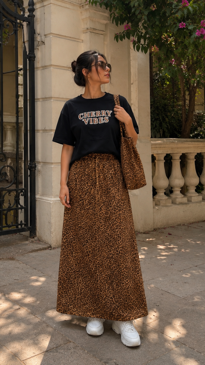 Leopard Print Inner And Skirt With Loose Plain Top 3Pc Set FC2579