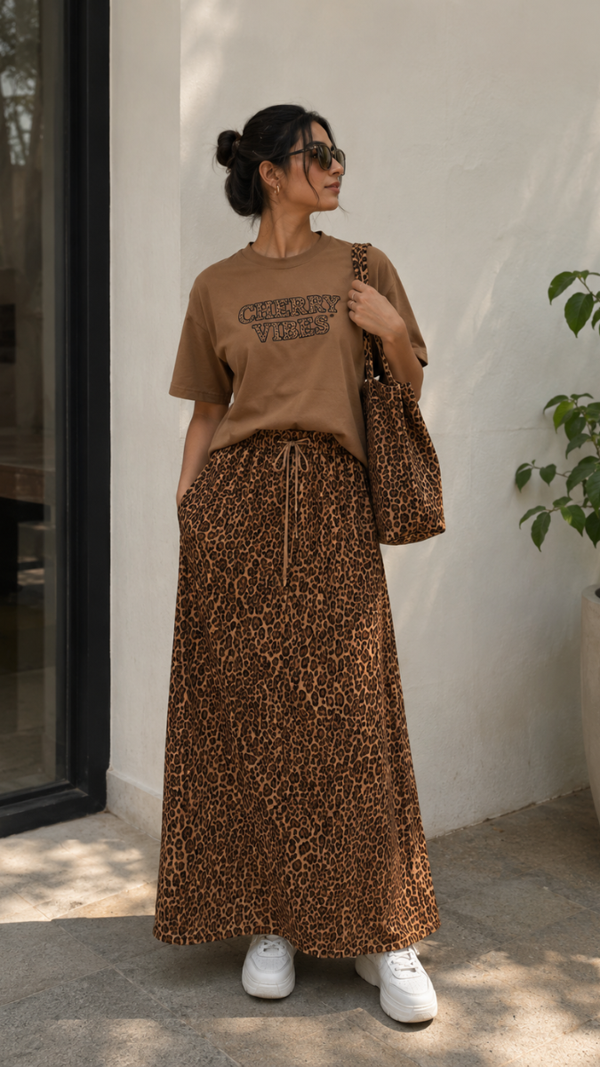 Leopard Print Inner And Skirt With Loose Plain Top 3Pc Set FC2579