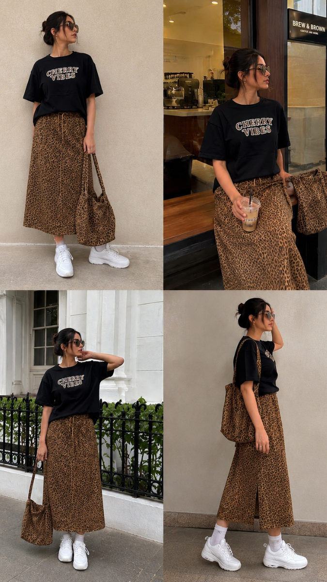 Leopard Print Inner And Skirt With Loose Plain Top 3Pc Set FC2579
