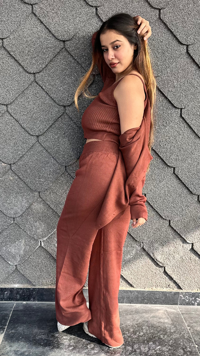 Long Shrug With Strap Sleeve Inner And Pant 3Pc Coord Set FC2123