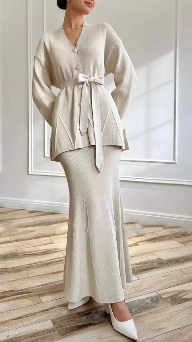 Loose V Neck Long Top With Fish cut Skirt FC2067