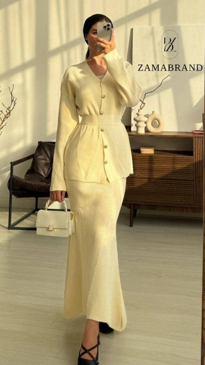 Loose V Neck Long Top With Fish cut Skirt FC2067