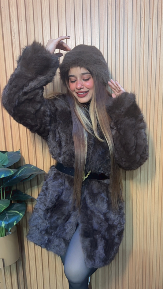 Luxury Faux Fur Coat With Belt And Cap FC2054