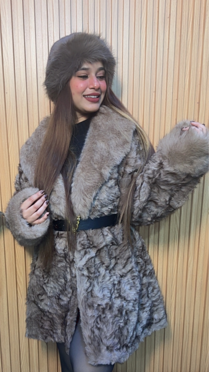 Luxury Faux Fur Coat With Belt And Cap FC2054