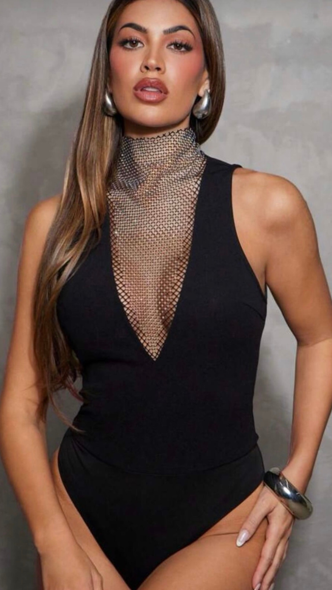Mesh Rhinestone Neckline Bodysuit FC2194