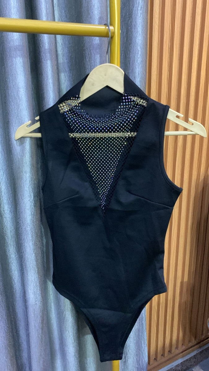 Mesh Rhinestone Neckline Bodysuit FC2194