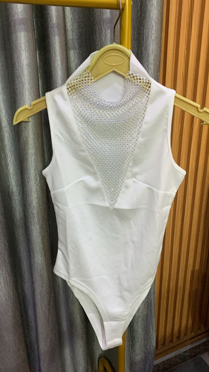 Mesh Rhinestone Neckline Bodysuit FC2194