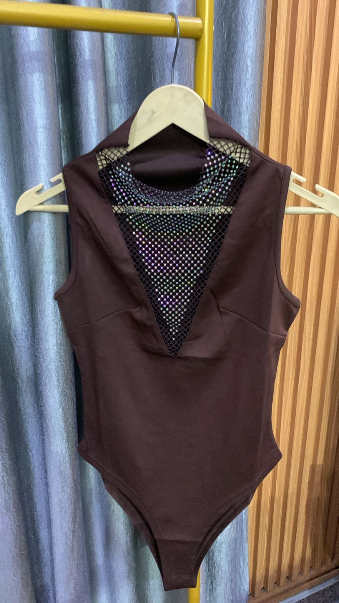 Mesh Rhinestone Neckline Bodysuit FC2194