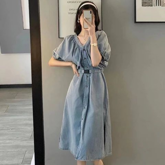 Mid-Length Denim One-Piece Dress