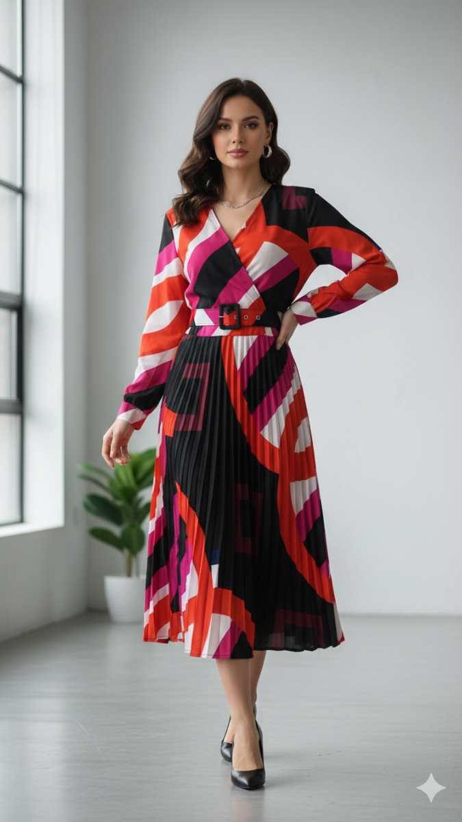 Multicolor Pleated V Neck Dress FC2218