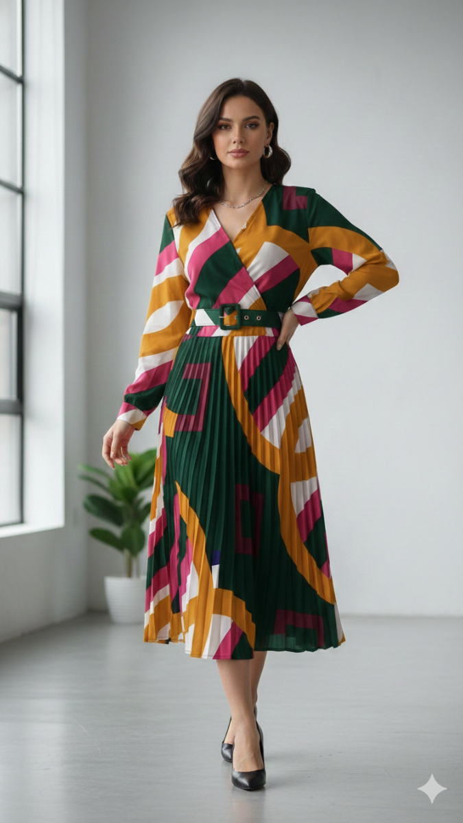 Multicolor Pleated V Neck Dress FC2218