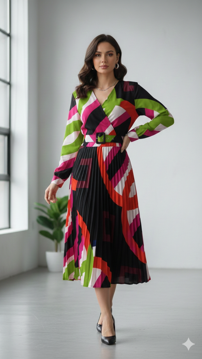 Multicolor Pleated V Neck Dress FC2218