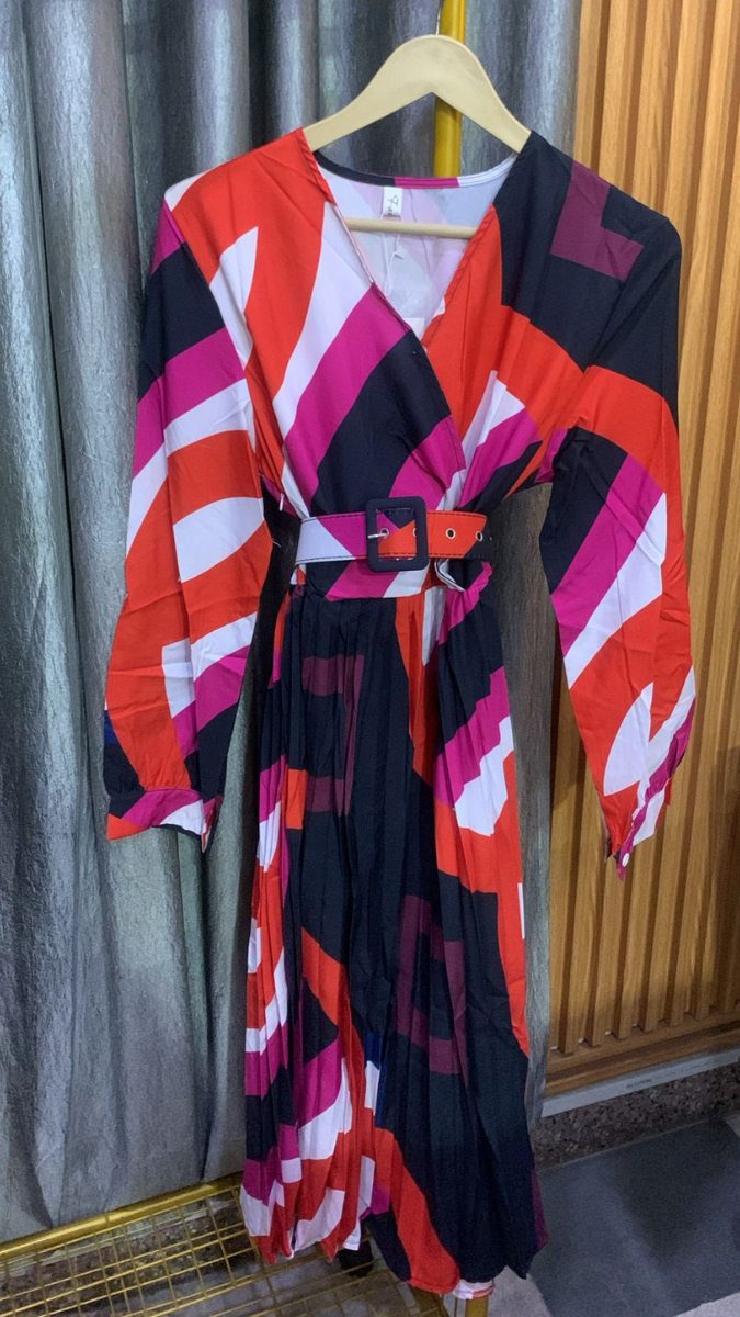 Multicolor Pleated V Neck Dress FC2218