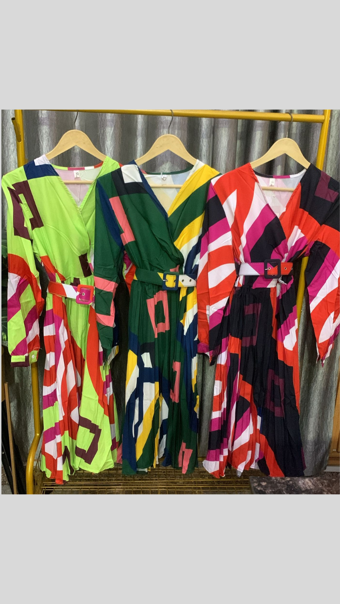 Multicolor Pleated V Neck Dress FC2218