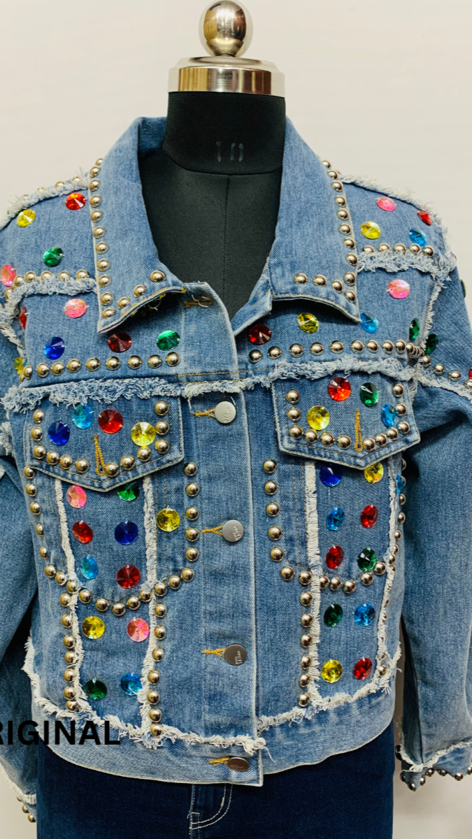 Multicolor Stones Silver Button Denim Jacket