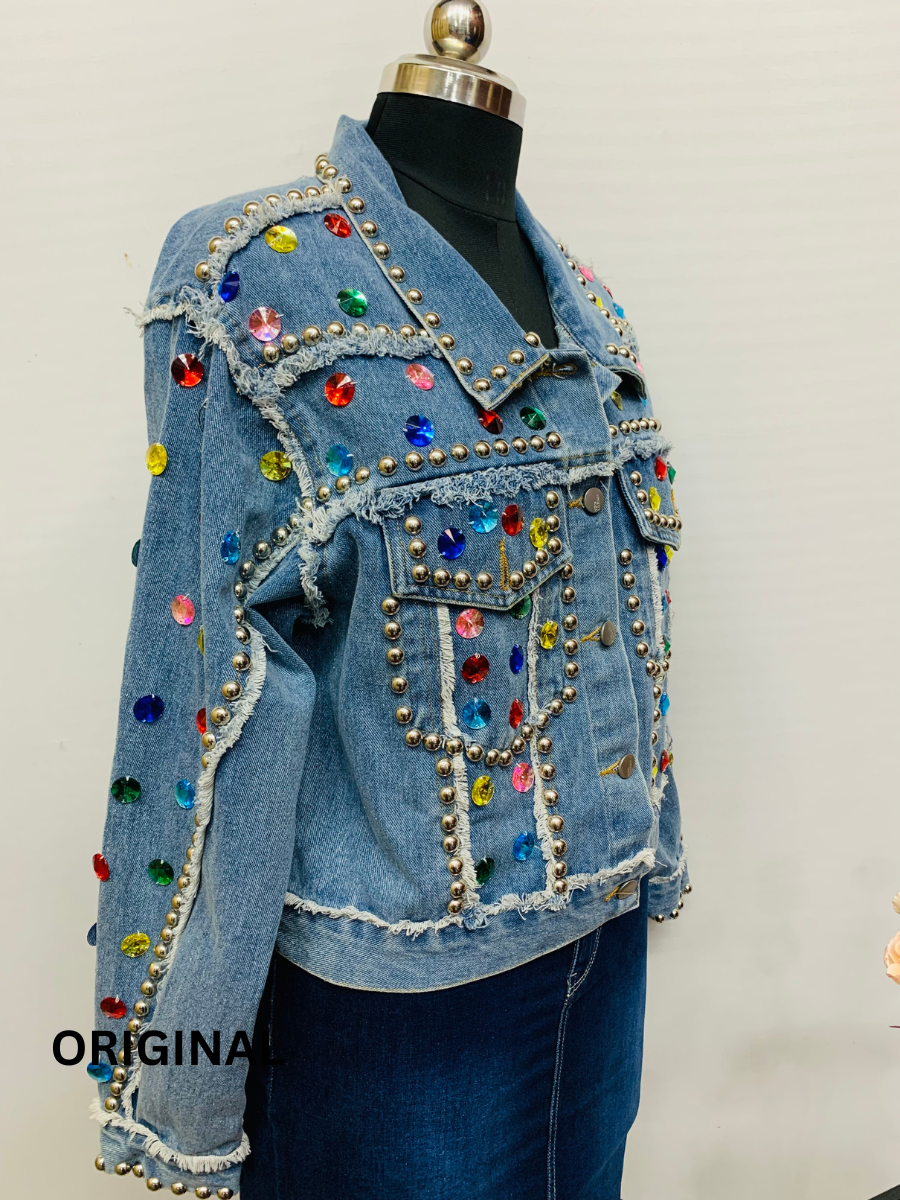 Multicolor Stones Silver Button Denim Jacket