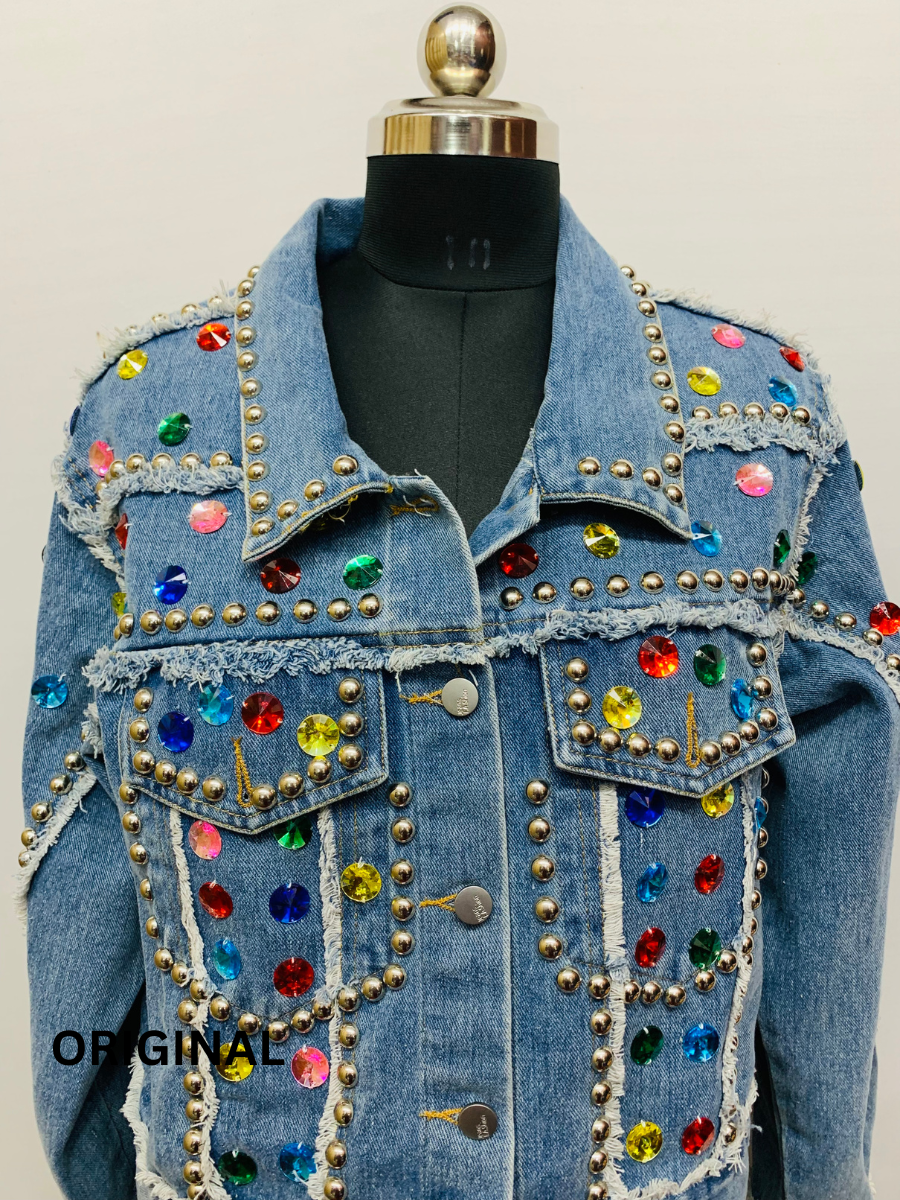 Multicolor Stones Silver Button Denim Jacket