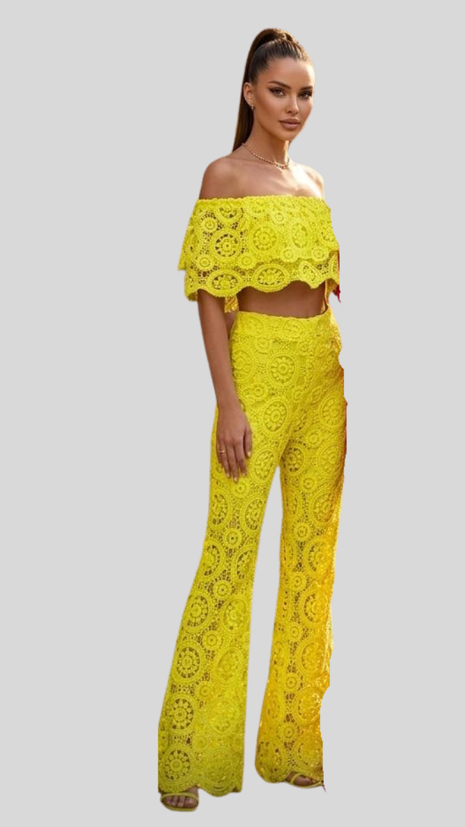 Off Shoulder Crop Top And Loose Pant Coord Set FC2393