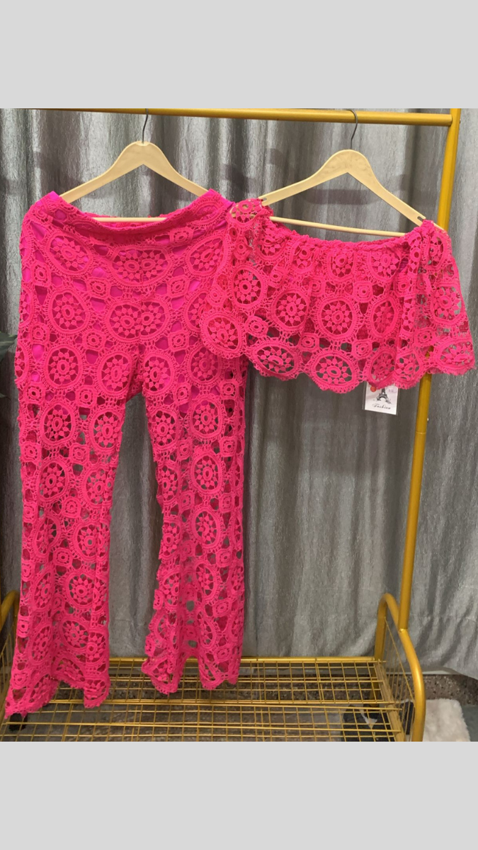 Off Shoulder Crop Top And Loose Pant Coord Set FC2393