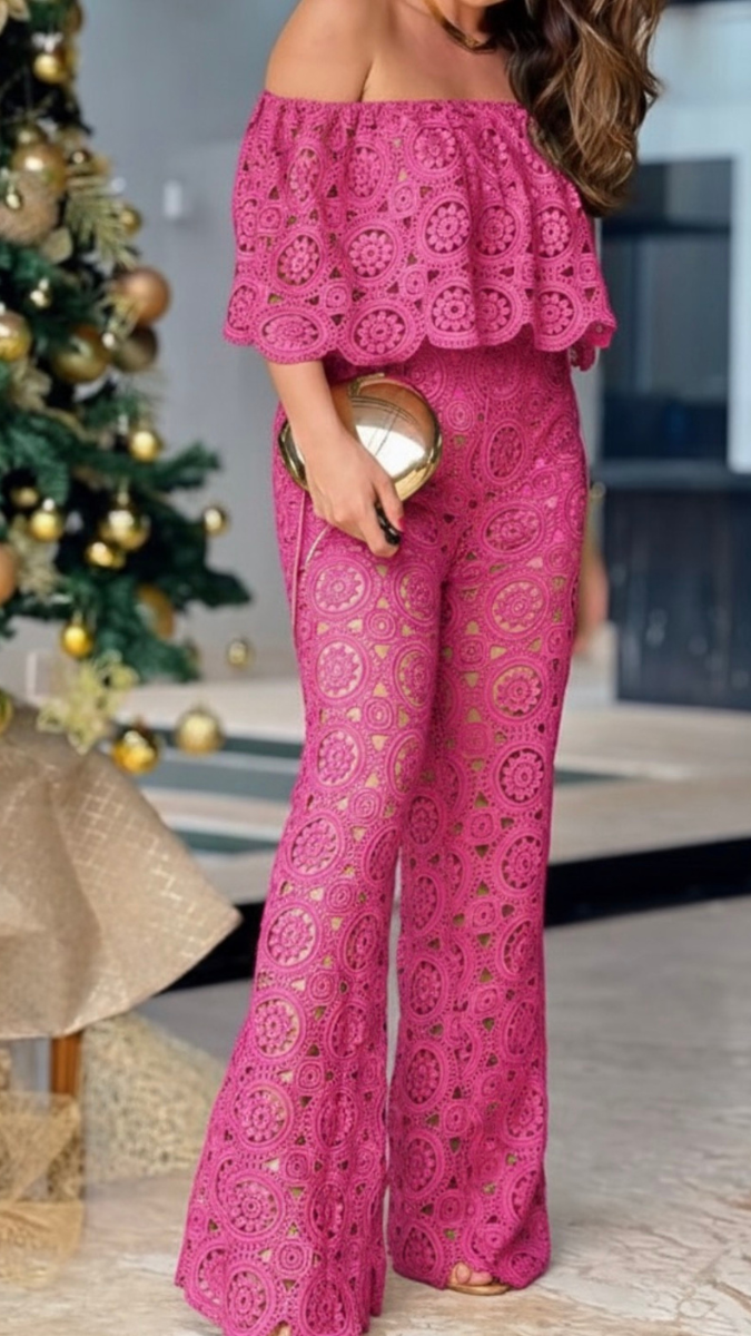Off Shoulder Crop Top And Loose Pant Coord Set FC2393