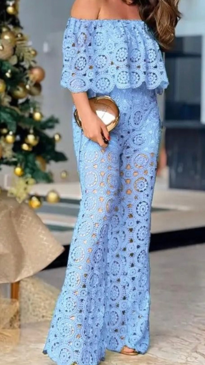 Off Shoulder Crop Top And Loose Pant Coord Set FC2393