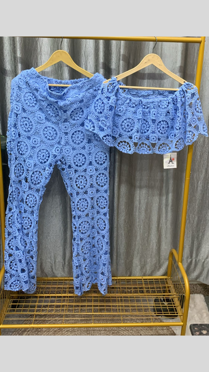 Off Shoulder Crop Top And Loose Pant Coord Set FC2393