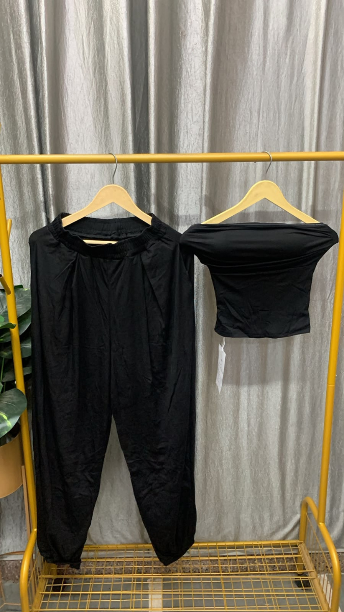 Off Shoulder Padded Crop Top With Loose Pant Coord Set FC2592
