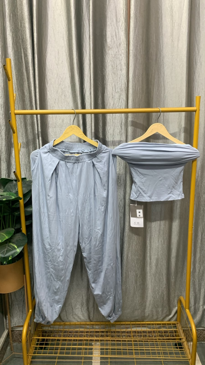 Off Shoulder Padded Crop Top With Loose Pant Coord Set FC2592