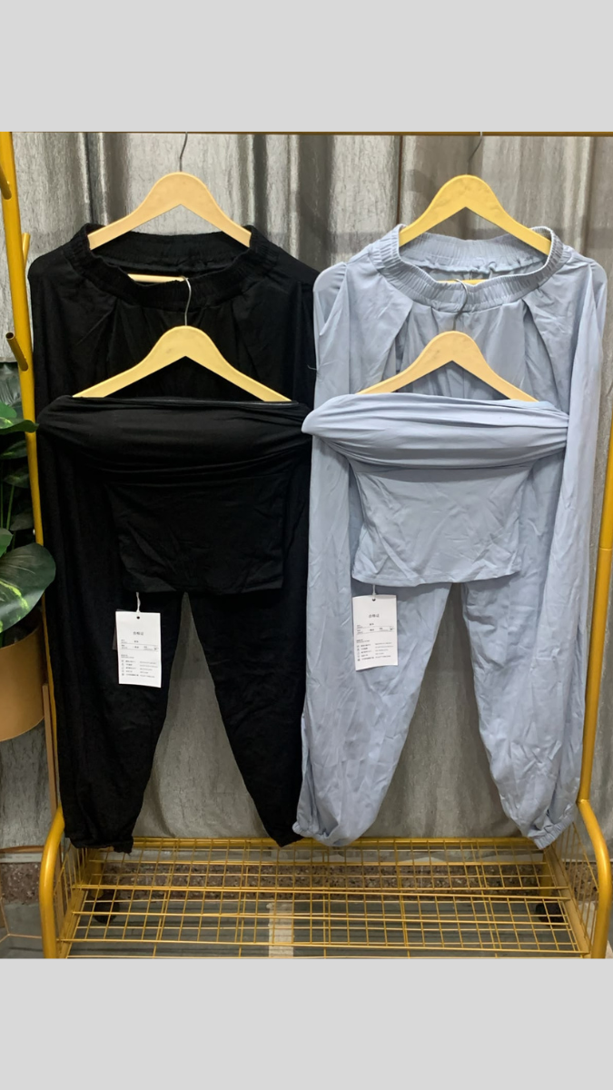 Off Shoulder Padded Crop Top With Loose Pant Coord Set FC2592