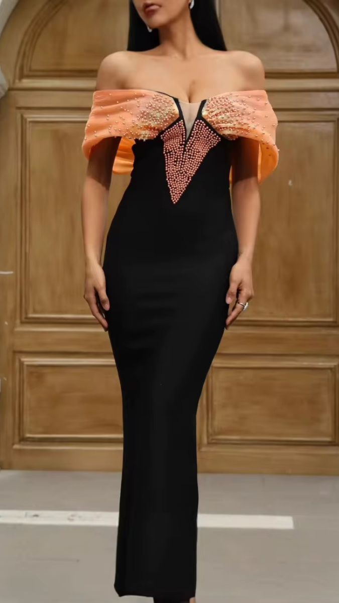 Off Shoulder Pearl Designed Bodycon Dress FC2012