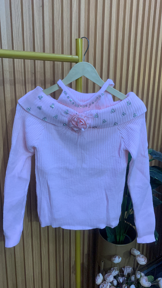 Off Shoulder With Crystal And Flower Embedded Neckline Top FC2039