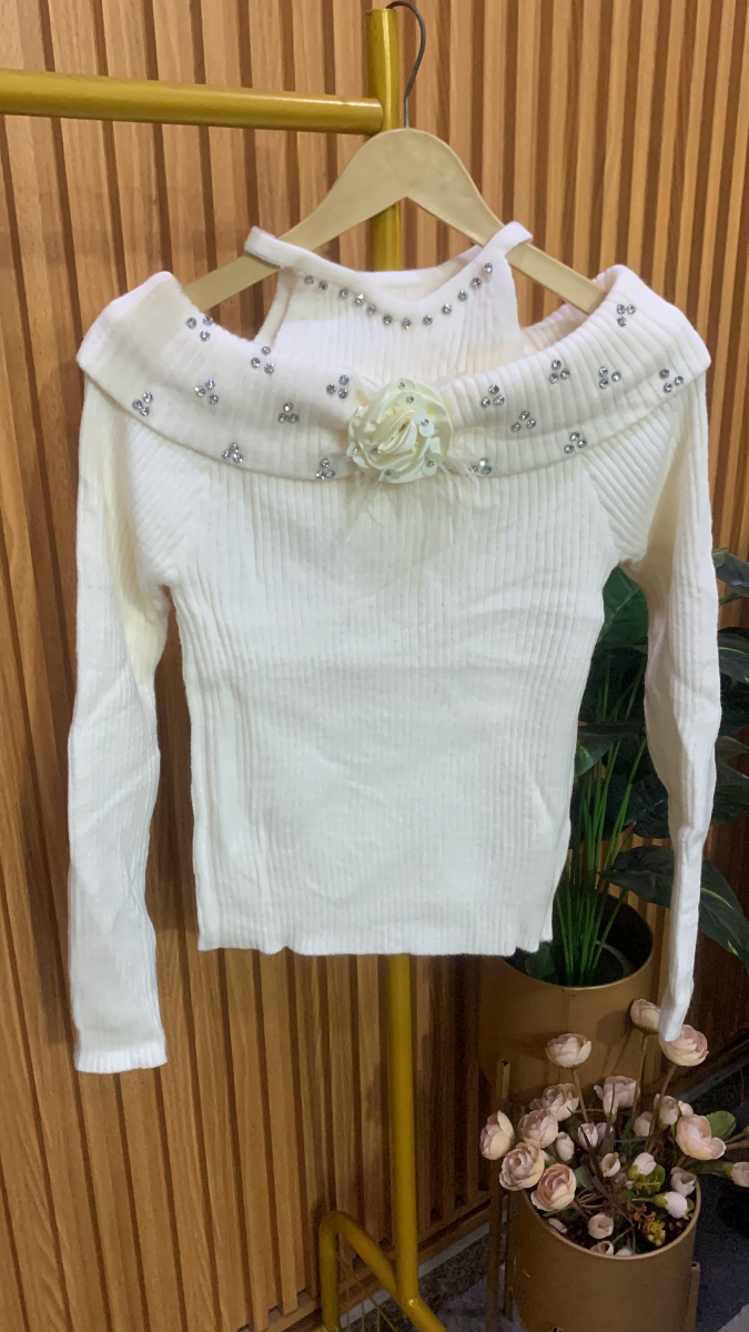 Off Shoulder With Crystal And Flower Embedded Neckline Top FC2039