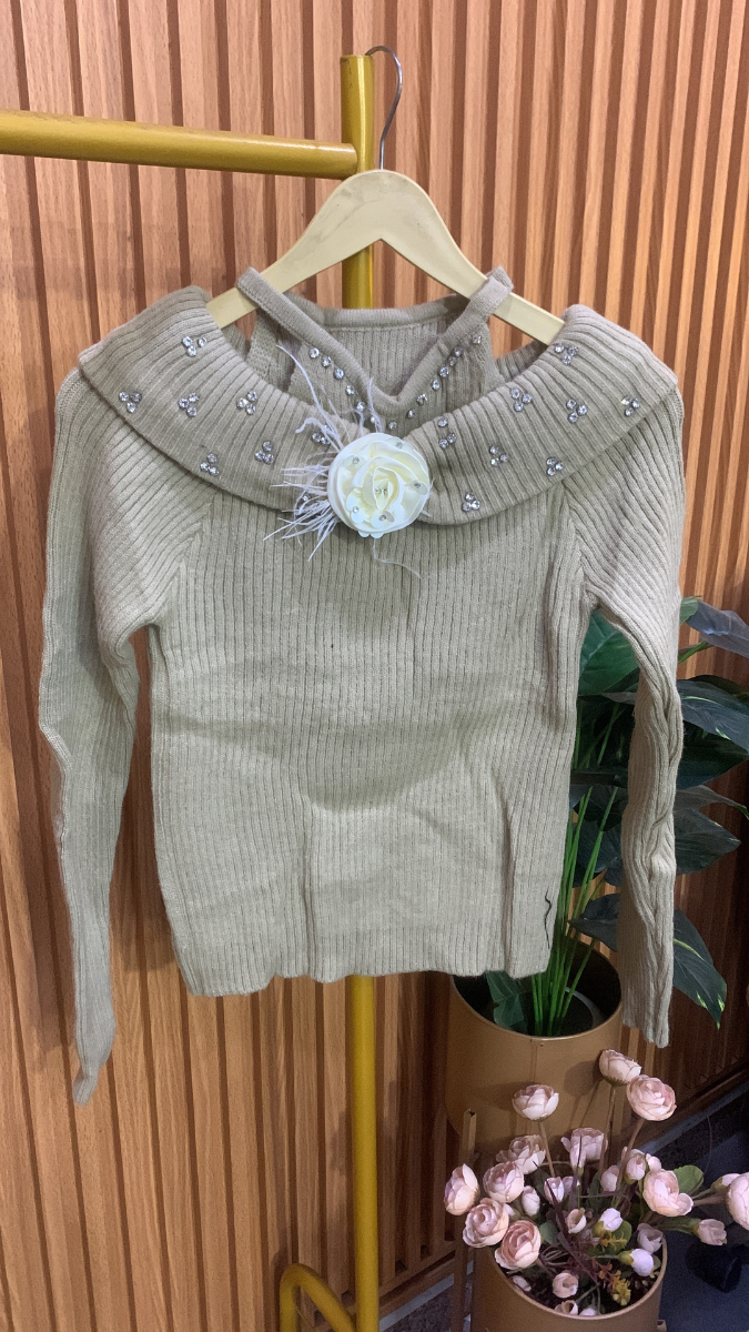 Off Shoulder With Crystal And Flower Embedded Neckline Top FC2039