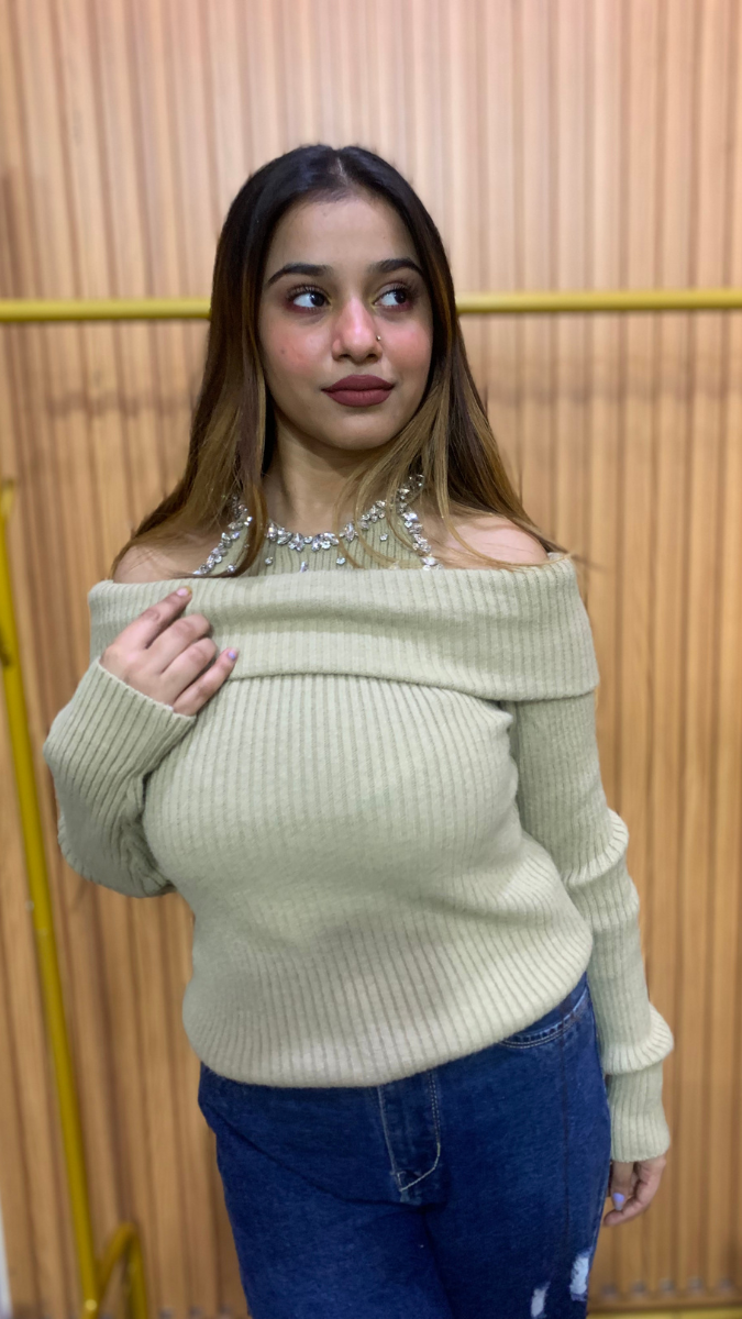 Off Shoulder With Crystal Embedded Neckline Top FC2038