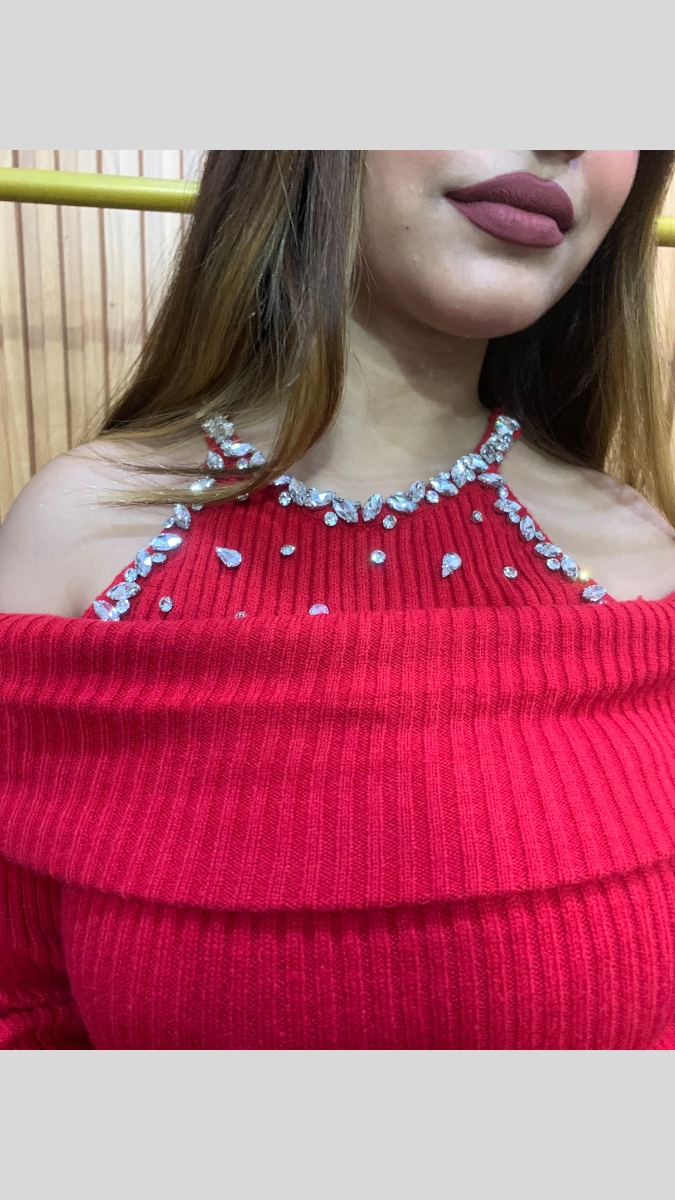 Off Shoulder With Crystal Embedded Neckline Top FC2038