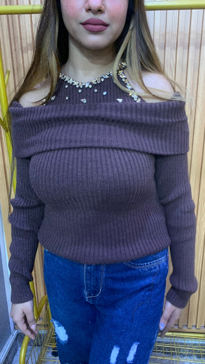 Off Shoulder With Crystal Embedded Neckline Top FC2038