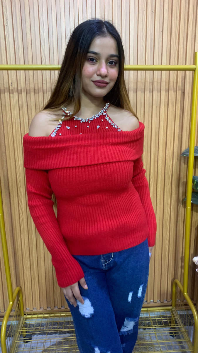 Off Shoulder With Crystal Embedded Neckline Top FC2038