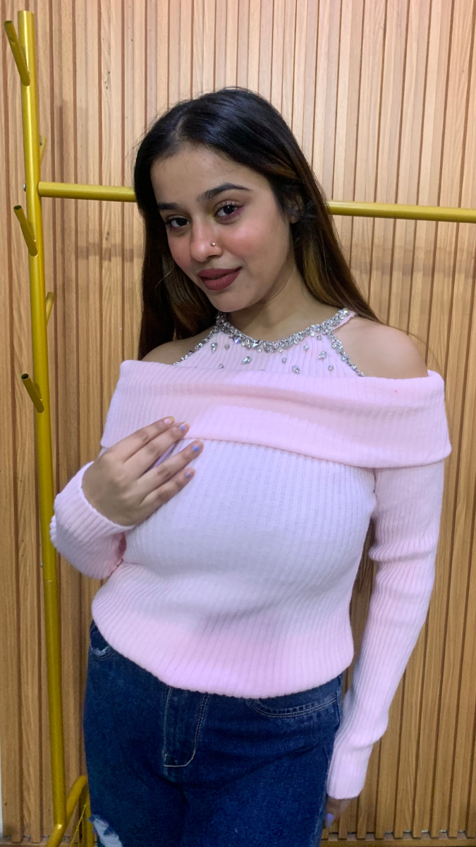 Off Shoulder With Crystal Embedded Neckline Top FC2038