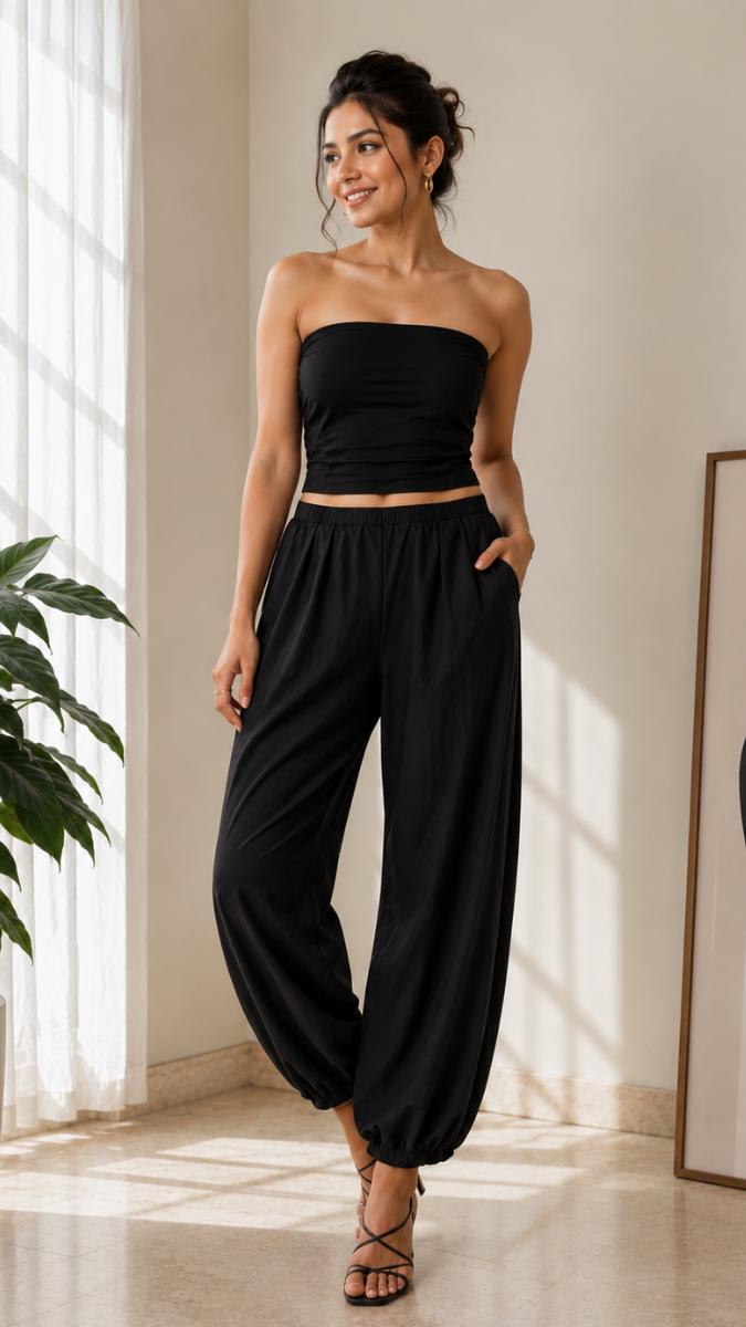 Off Shoulder Padded Crop Top With Loose Pant Coord Set FC2592